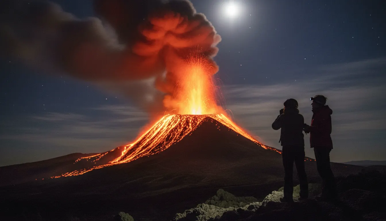 Long exposure photograph of lava fountaining from an active volcanic vent at night with glowing orange sky and smoke plume