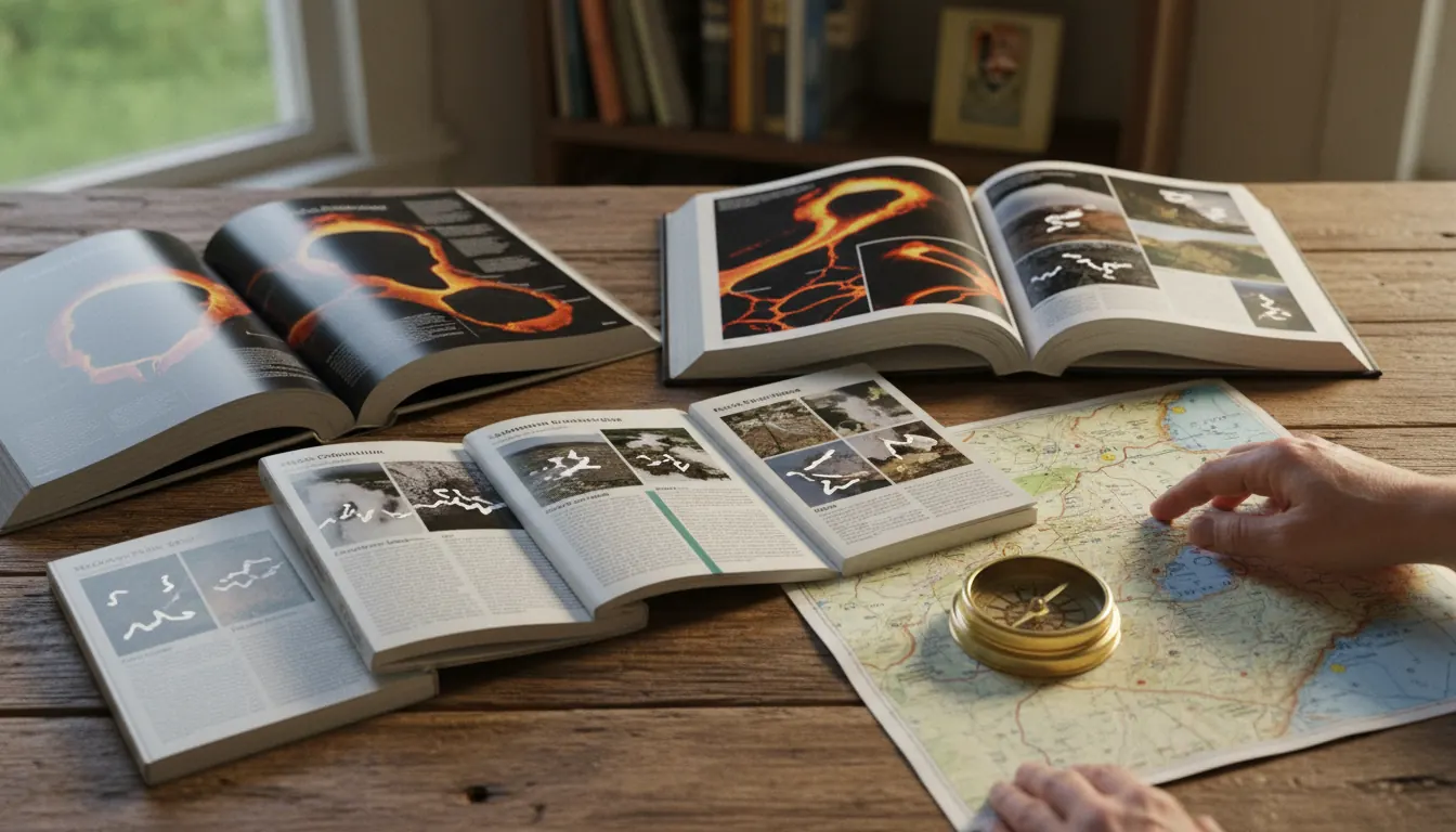 Selection of volcano books and national park field guides laid open on a wooden table beside a topographic map and compass