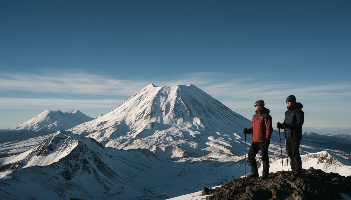 Panoramic view of Cascade Range volcanic peaks from high elevation, showing snow-capped stratovolcano summits against blue sky