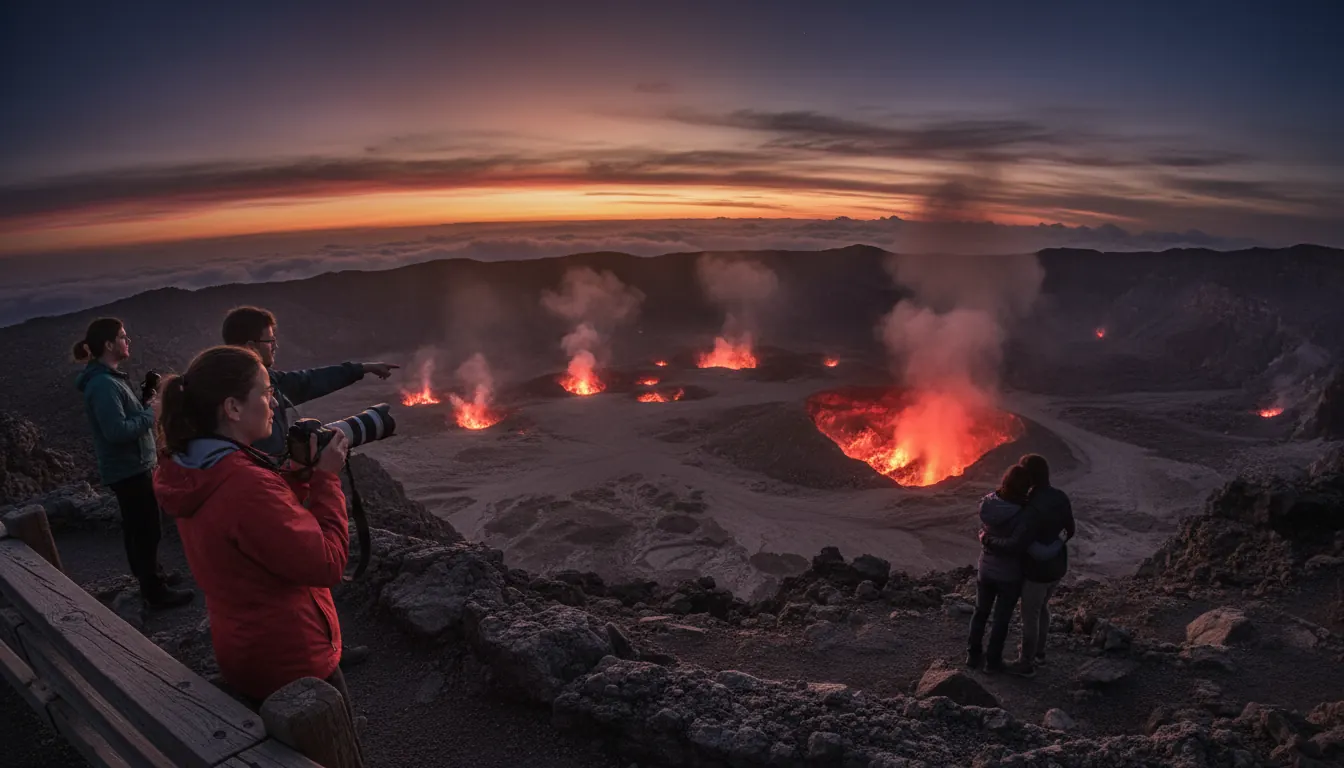 Kilauea caldera at Hawaii Volcanoes National Park with active gas venting visible from the crater rim viewpoint at dusk