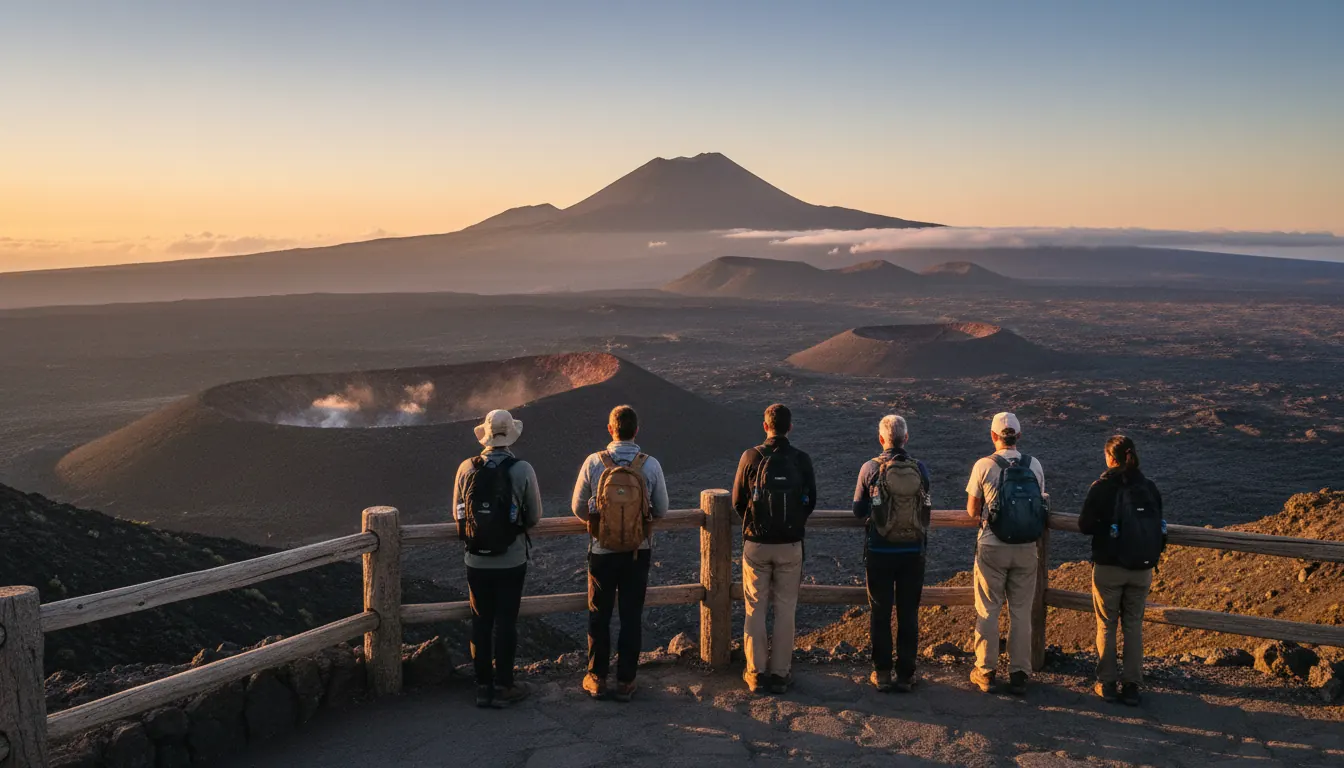 Volcanic landscape viewpoint at a U.S. national park with lava fields and crater formations visible