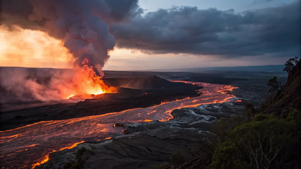 Kilauea lava flow at dusk, Hawaii Volcanoes National Park