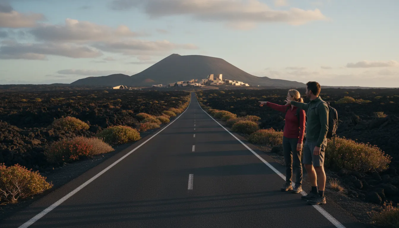 Scenic highway through volcanic landscape with resort signs in the distance