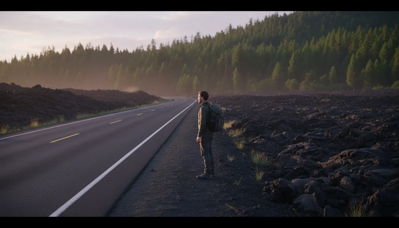 Two-lane highway cutting through volcanic lava field landscape in the Pacific Northwest with forest in the background
