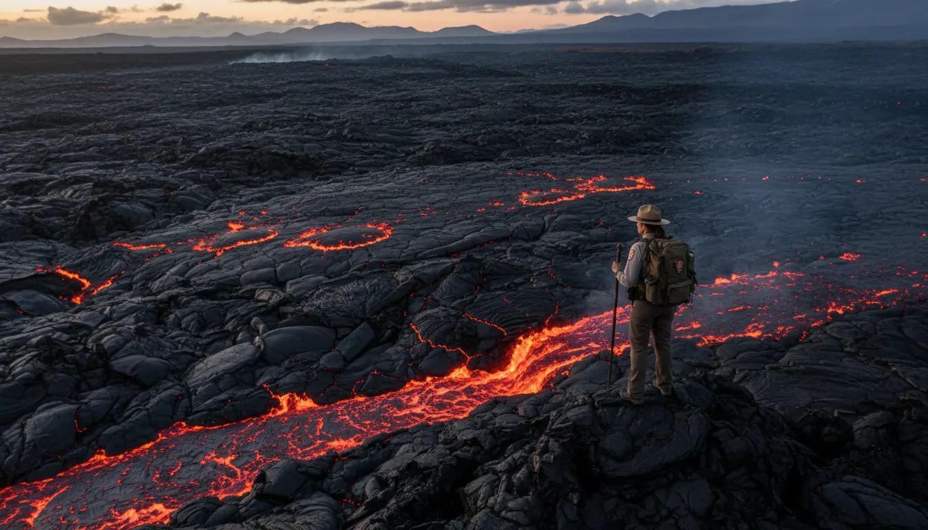 Aerial photograph of hardened black lava field with traces of red molten rock visible at active flow margin, Hawaii Volcanoes National Park